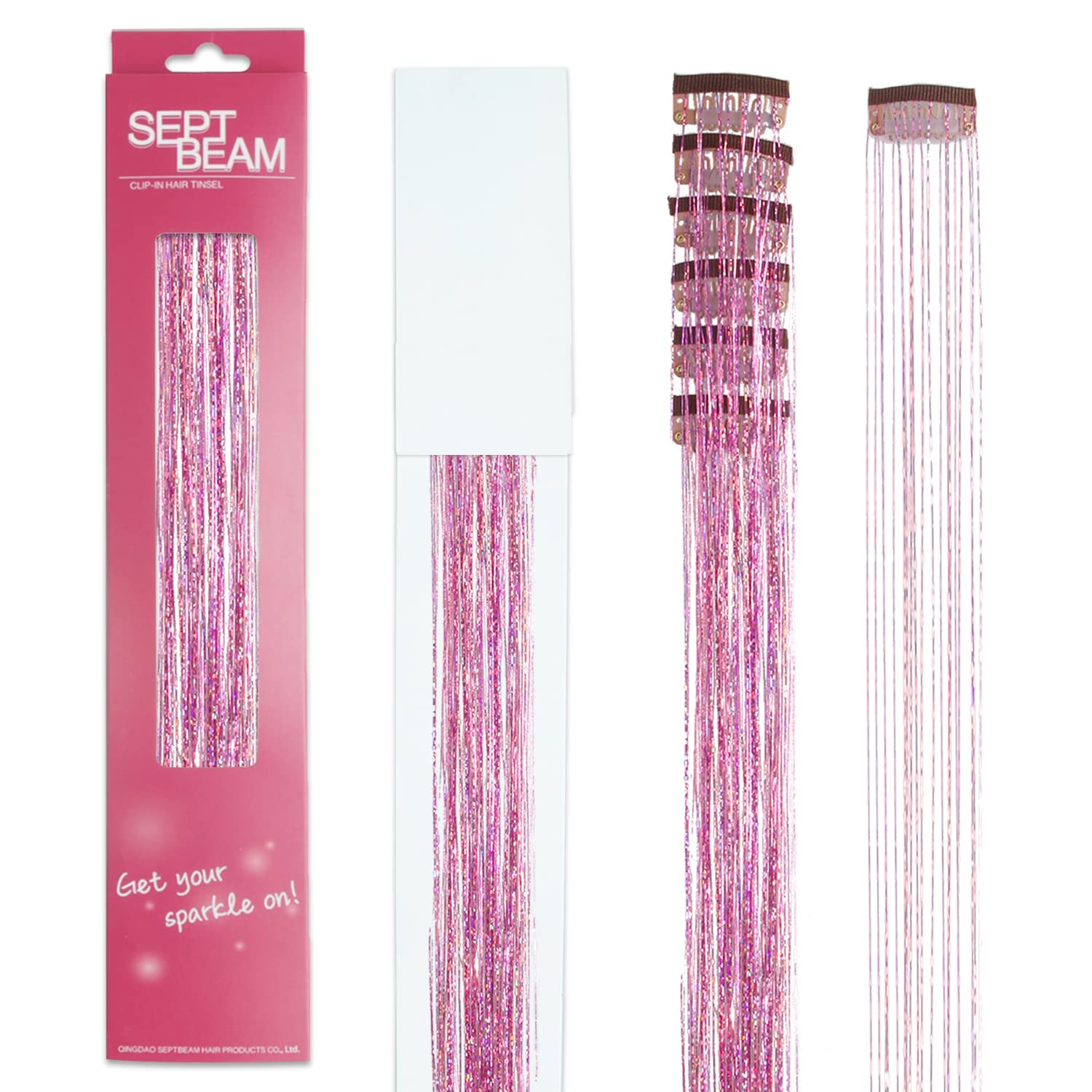 SEPTBEAM Hair Tinsel Clip in Extensions Pink Sparkle & Highlights for Hair 20.5 Inch 6pcs Each Pack Multi-Colors Synthetic Hair Extensions for Party, Christmas, New Year, Halloween, Cosplay(Pink)