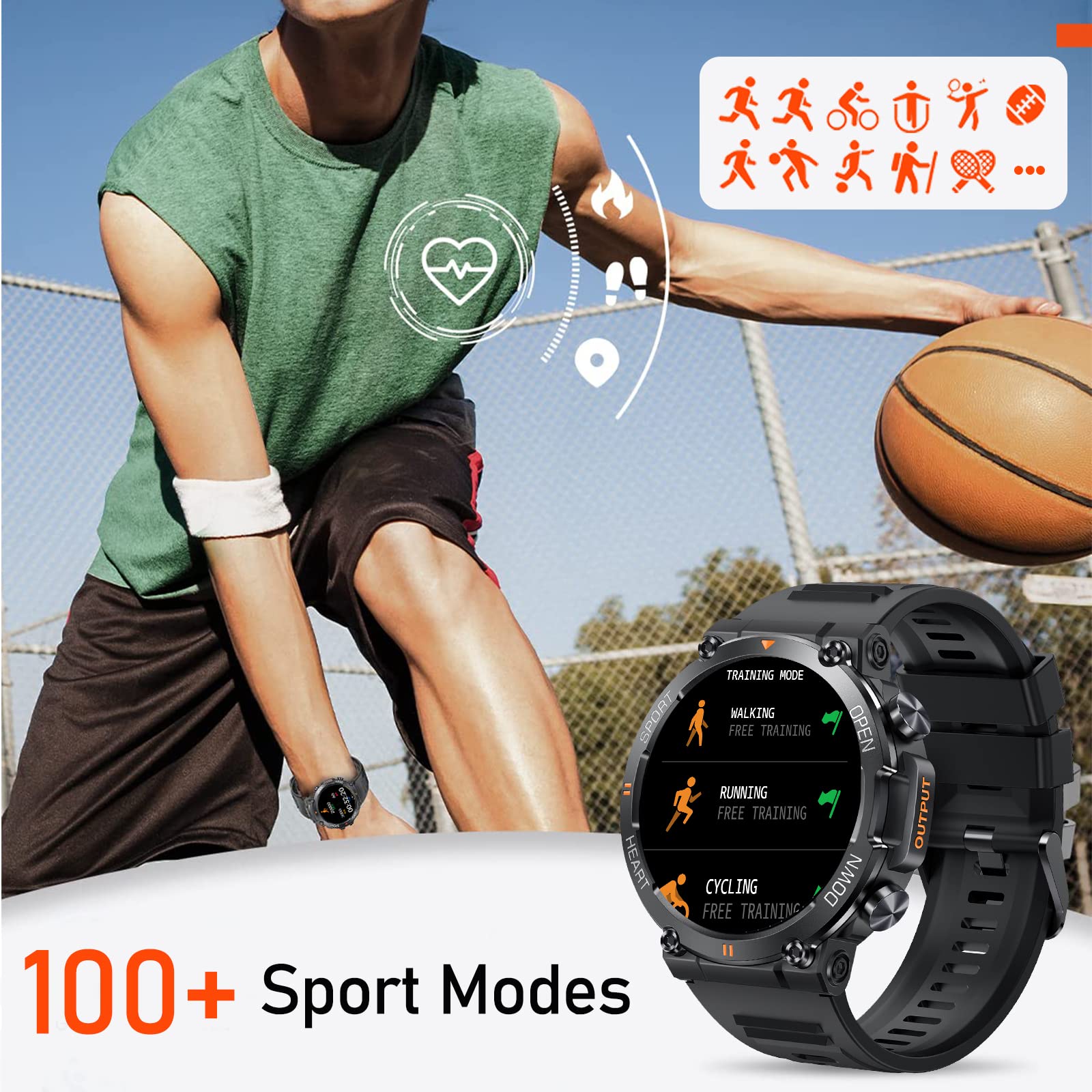 SEDSEY Smart Watches for Men Rugged Tactical Fitness Watch with Call (Answer/Dial Calls) Heart Rate Sleep Monitor 100+ Sport Modes 1.39" HD Waterproof Sport Smartwatch for Android iOS Phone (Black)