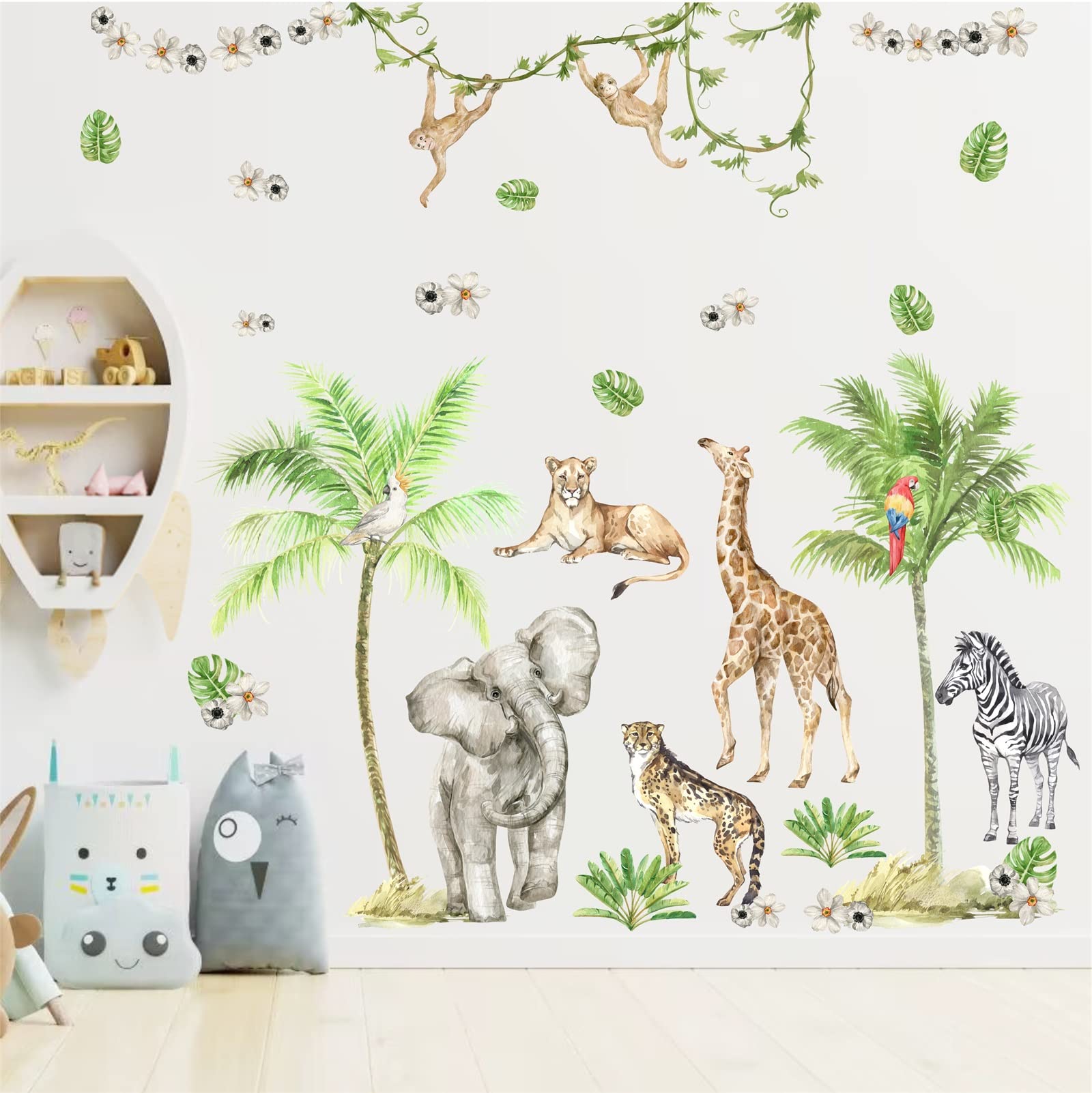 Jungle Animals Wall Decals Woodland Animals Wall Stickers Baby Boys Girls Nursery Wall Decor,Safari Wall Decals Peel and Stick Elephant Giraffe Forest Animal Wall Stickers for Kids Room Playroom Decor