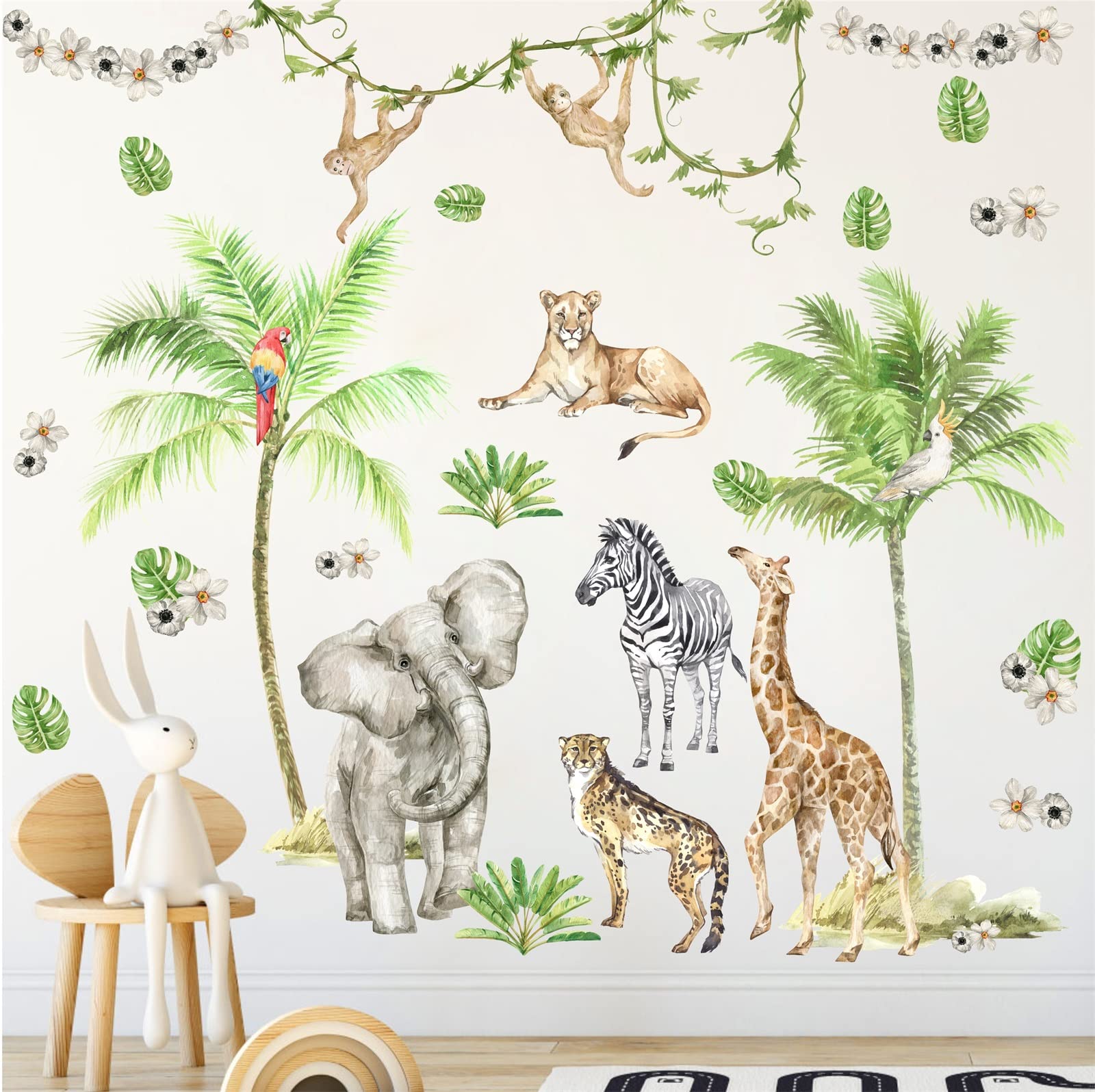 Jungle Animals Wall Decals Woodland Animals Wall Stickers Baby Boys Girls Nursery Wall Decor,Safari Wall Decals Peel and Stick Elephant Giraffe Forest Animal Wall Stickers for Kids Room Playroom Decor