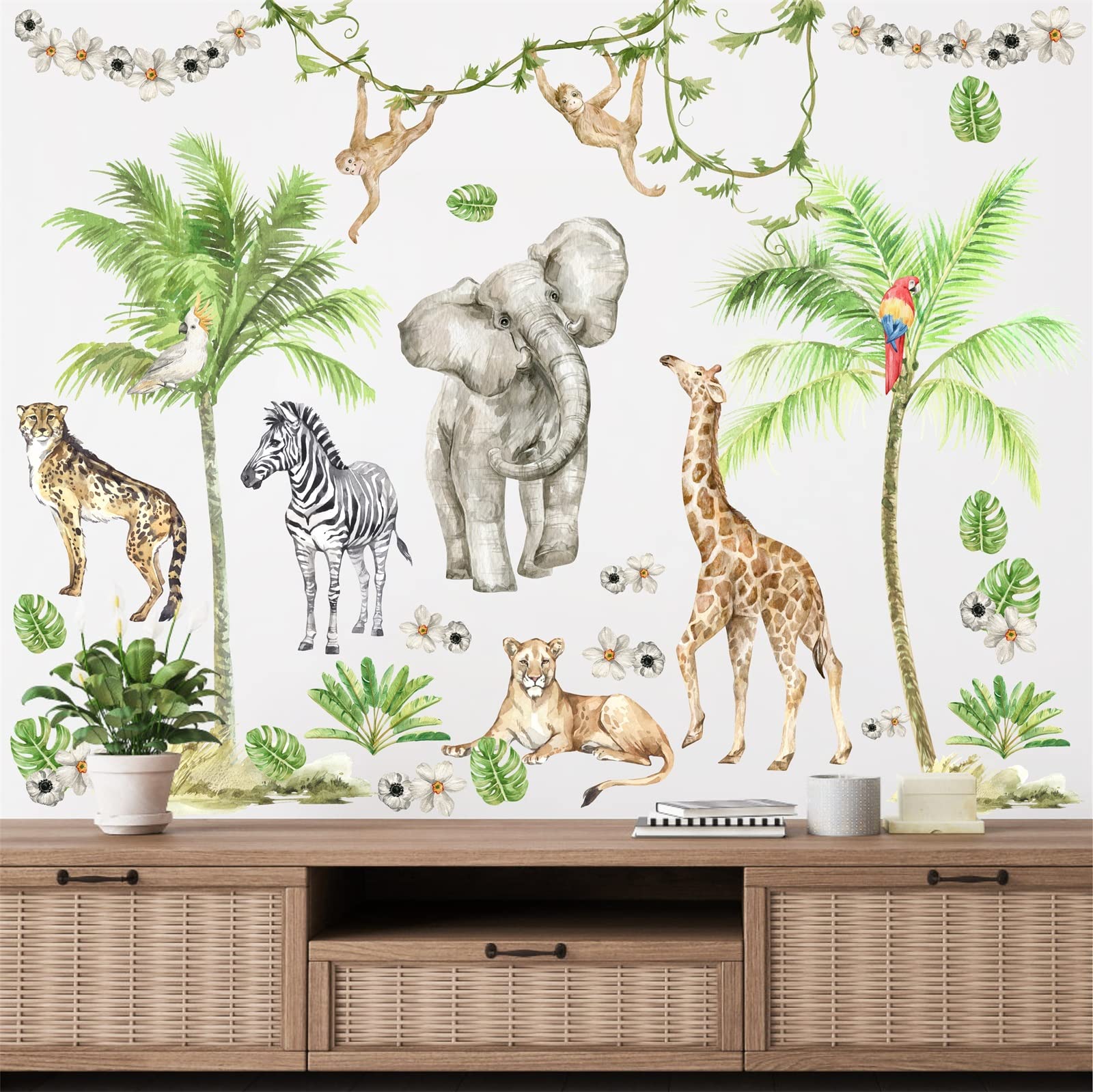 Jungle Animals Wall Decals Woodland Animals Wall Stickers Baby Boys Girls Nursery Wall Decor,Safari Wall Decals Peel and Stick Elephant Giraffe Forest Animal Wall Stickers for Kids Room Playroom Decor