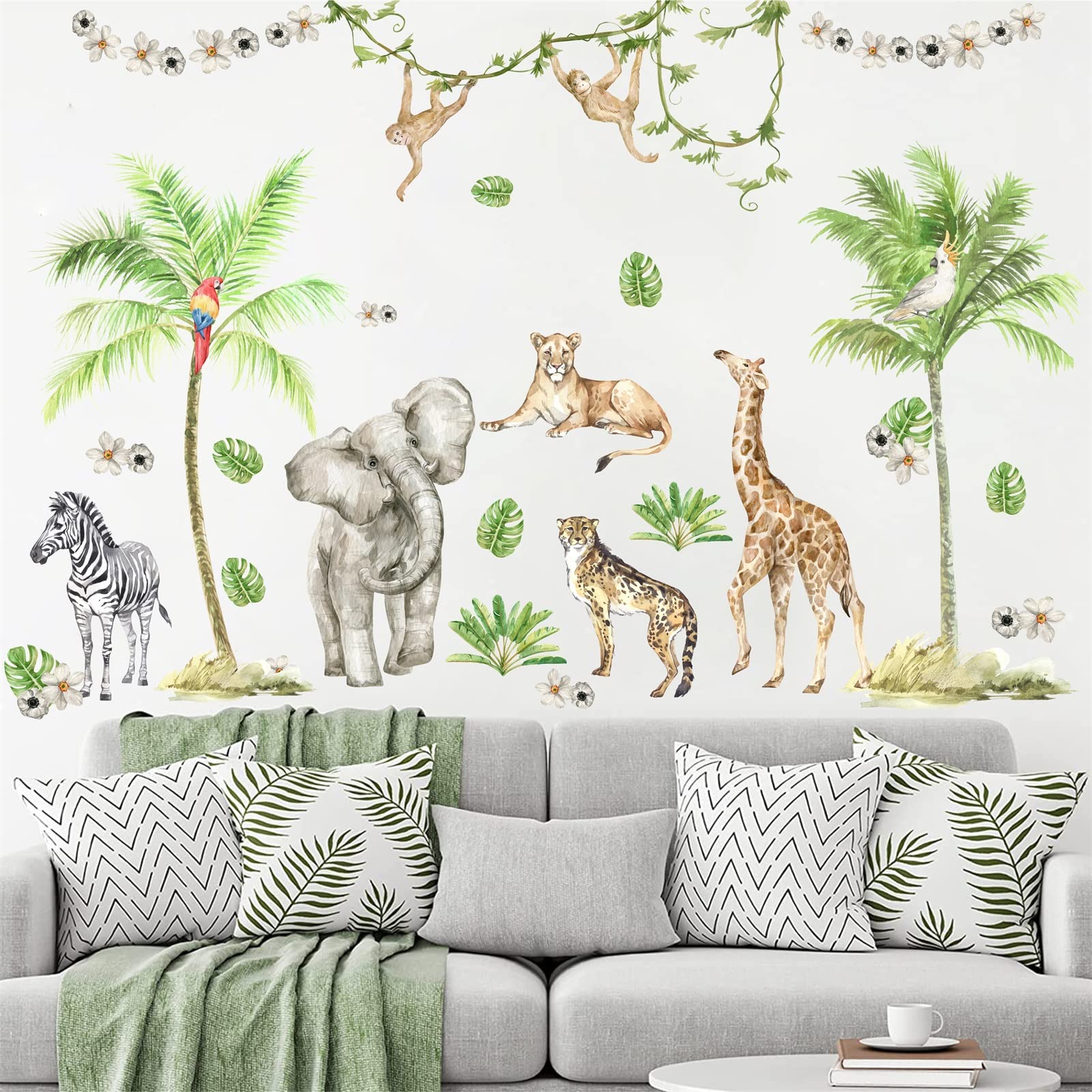 Jungle Animals Wall Decals Woodland Animals Wall Stickers Baby Boys Girls Nursery Wall Decor,Safari Wall Decals Peel and Stick Elephant Giraffe Forest Animal Wall Stickers for Kids Room Playroom Decor