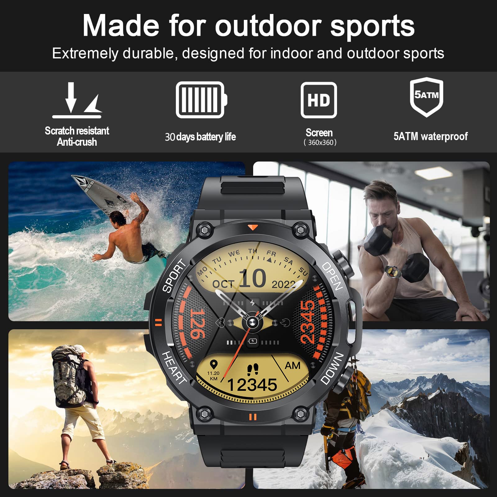 SEDSEY Smart Watches for Men Rugged Tactical Fitness Watch with Call (Answer/Dial Calls) Heart Rate Sleep Monitor 100+ Sport Modes 1.39" HD Waterproof Sport Smartwatch for Android iOS Phone (Black)