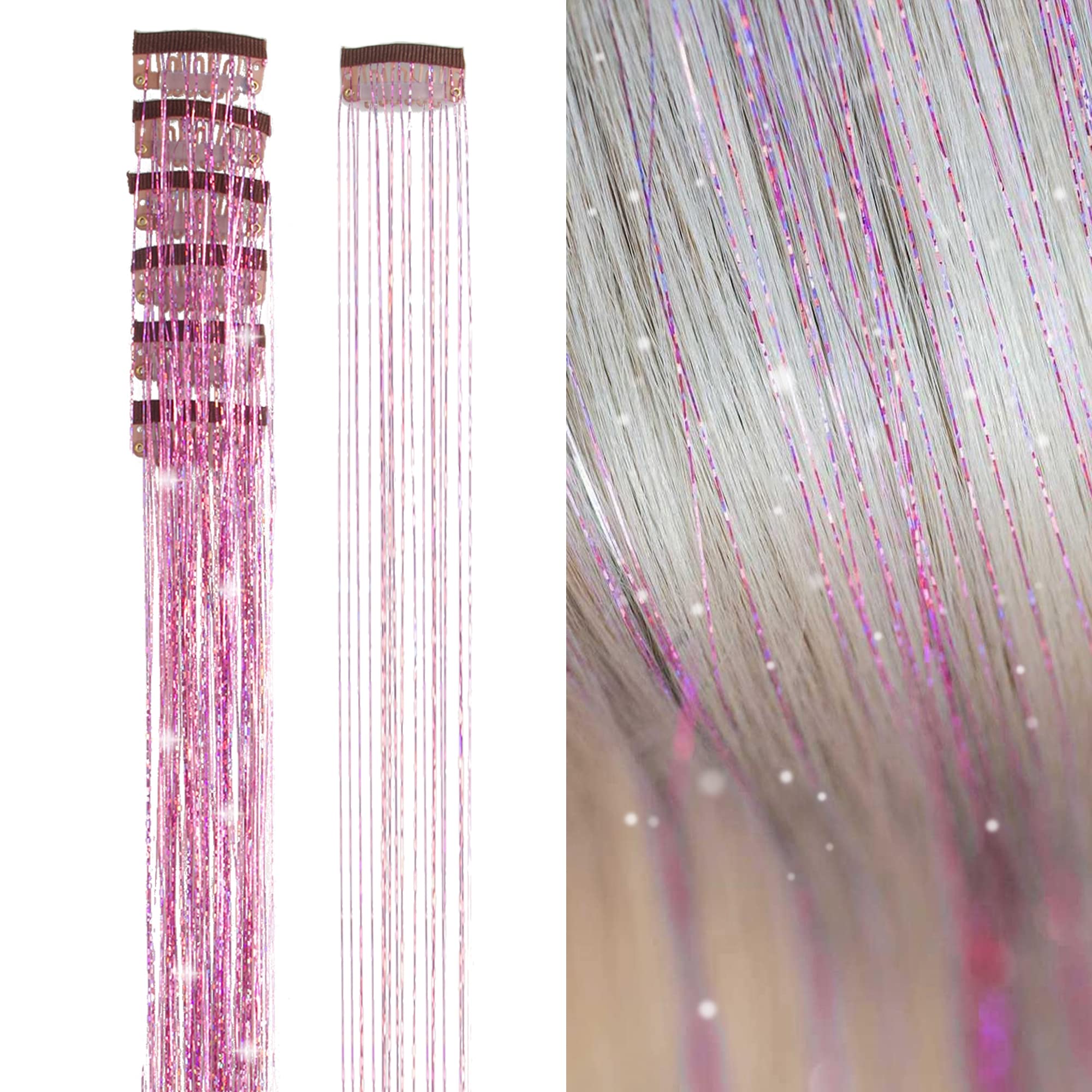 SEPTBEAM Hair Tinsel Clip in Extensions Pink Sparkle & Highlights for Hair 20.5 Inch 6pcs Each Pack Multi-Colors Synthetic Hair Extensions for Party, Christmas, New Year, Halloween, Cosplay(Pink)