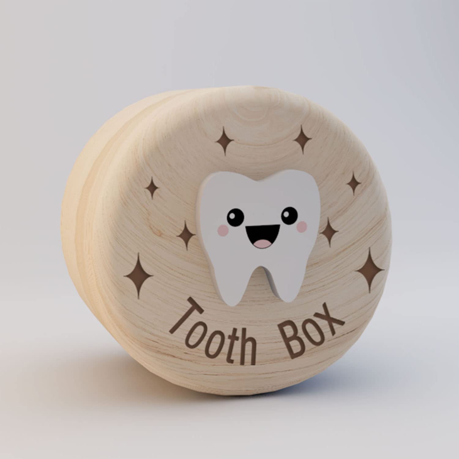 Tooth Box for Kids, Tooth Fairy Wooden Box with Engraved Four-Pointed Star and 3D Tooth, Stores Lost Teeth for Boys and Girls Easy to Carry, Dropped Tooth Keepsake Storage Box （Tooth）