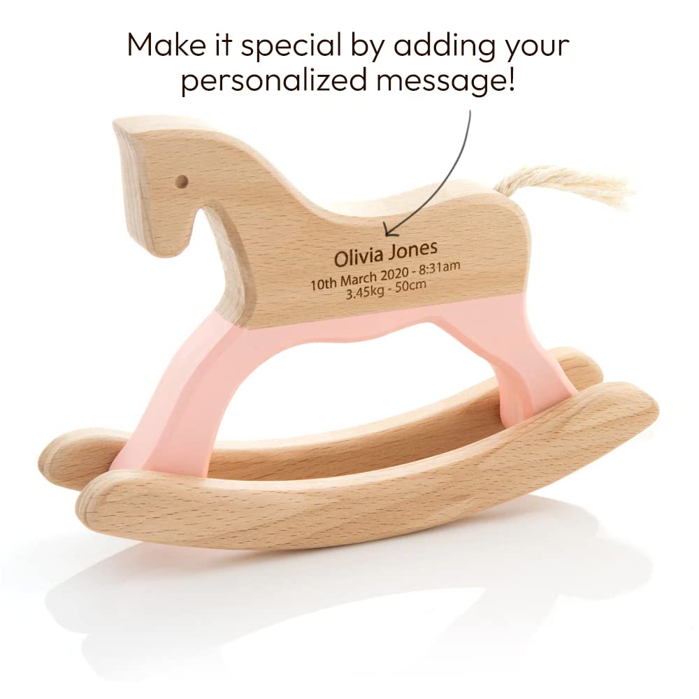 Personalized Wooden Horse Gift with Babys Name Engraved - A Perfect Keepsake Toy for Toddler, Infant and Newborn Baby, Birthday Baptism for Boy or Girl Room Decor - Mom Will Love - Pink