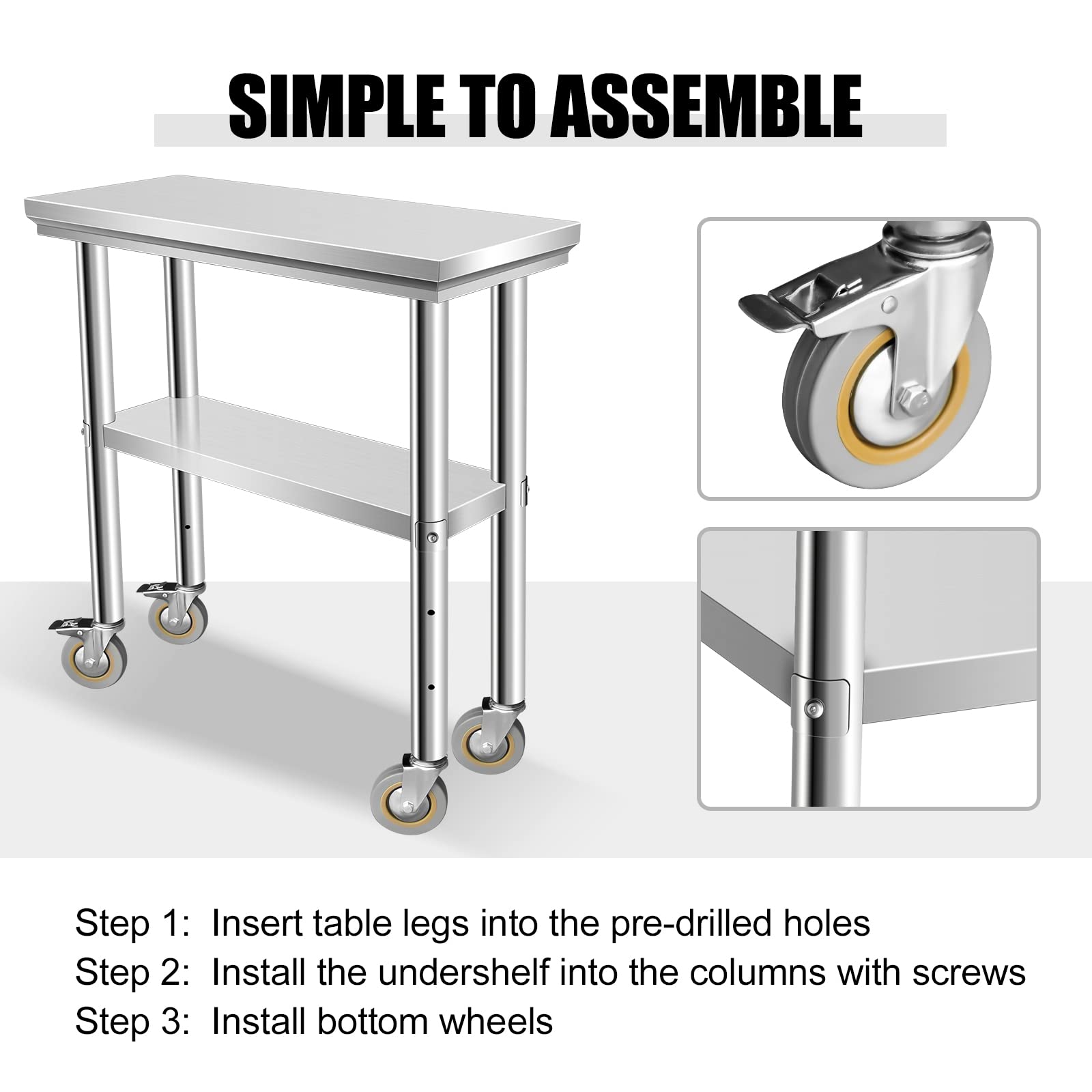 Hasopy Stainless Steel Table for Prep & Work 30 x 12 Inches with Caster Wheels, NSF Commercial Heavy Duty Table with Undershelf and Galvanized Legs for Garage Restaurant Home and Hotel