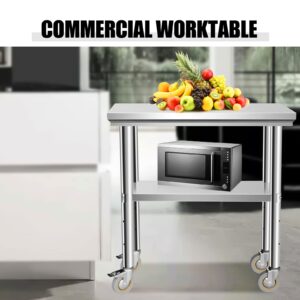 Hasopy Stainless Steel Table for Prep & Work 30 x 12 Inches with Caster Wheels, NSF Commercial Heavy Duty Table with Undershelf and Galvanized Legs for Garage Restaurant Home and Hotel