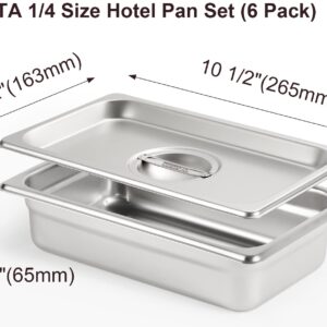 CURTA 6 Pack Anti-Jam Hotel Pans with Lids, 1/4 Size 2 1/2 Inch Deep, NSF Commercial 18/8 Stainless Steel Chafing Steam Table Food Pan with Covers