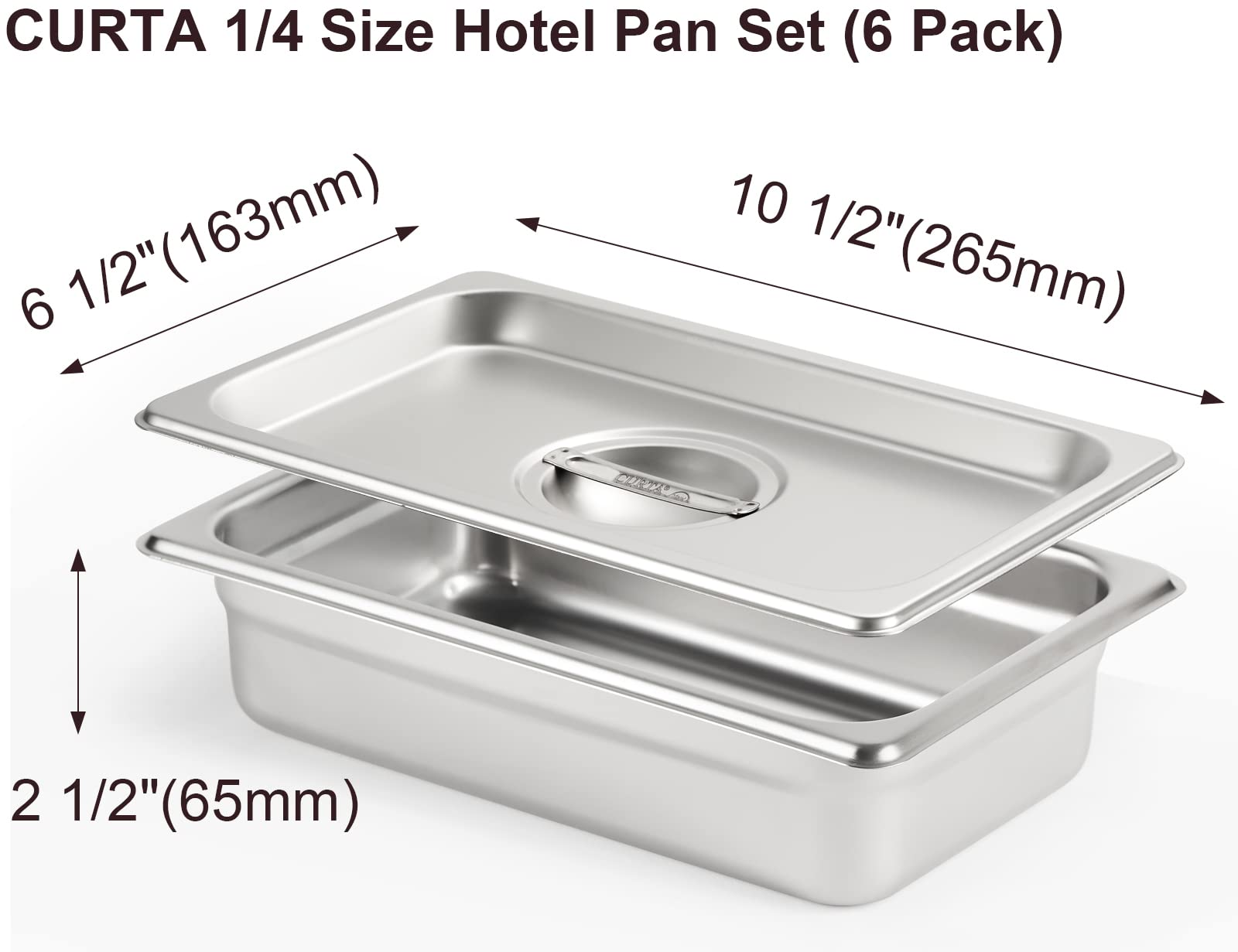 CURTA 6 Pack Anti-Jam Hotel Pans with Lids, 1/4 Size 2 1/2 Inch Deep, NSF Commercial 18/8 Stainless Steel Chafing Steam Table Food Pan with Covers