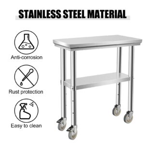 Hasopy Stainless Steel Table for Prep & Work 30 x 12 Inches with Caster Wheels, NSF Commercial Heavy Duty Table with Undershelf and Galvanized Legs for Garage Restaurant Home and Hotel