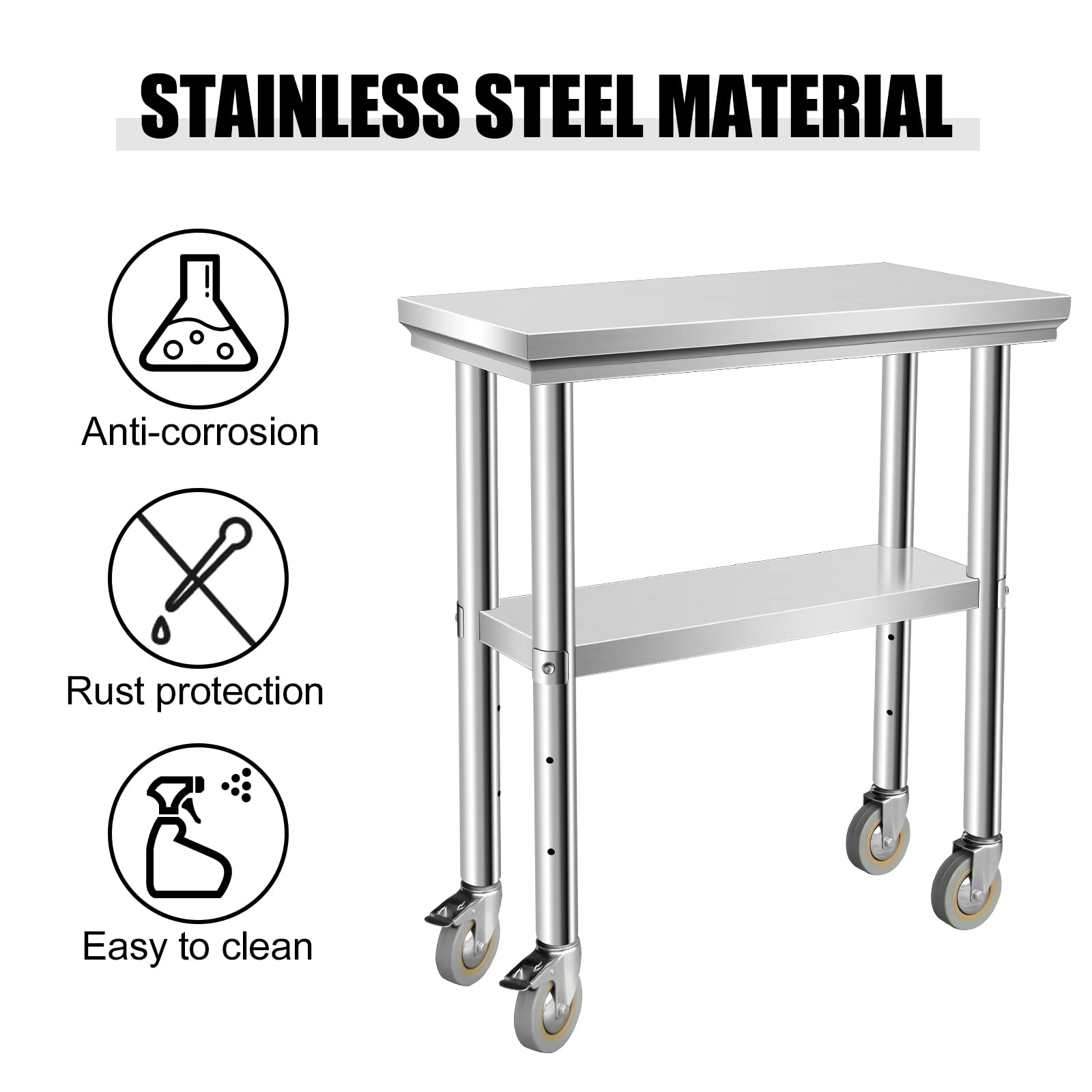 Hasopy Stainless Steel Table for Prep & Work 30 x 12 Inches with Caster Wheels, NSF Commercial Heavy Duty Table with Undershelf and Galvanized Legs for Garage Restaurant Home and Hotel