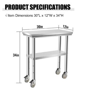 Hasopy Stainless Steel Table for Prep & Work 30 x 12 Inches with Caster Wheels, NSF Commercial Heavy Duty Table with Undershelf and Galvanized Legs for Garage Restaurant Home and Hotel