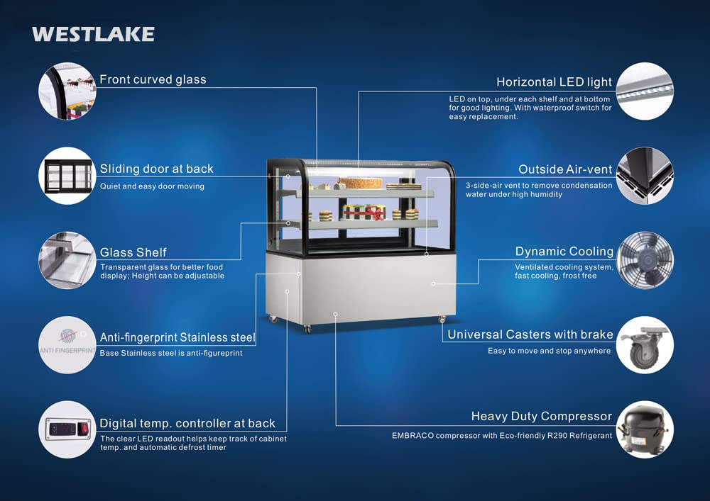 WESTLAKE 36 "W Commercial Refrigerated Bakery Display Case Curved Glass Stainless Steel Refrigerated Bakery Display Case with LED Lighting