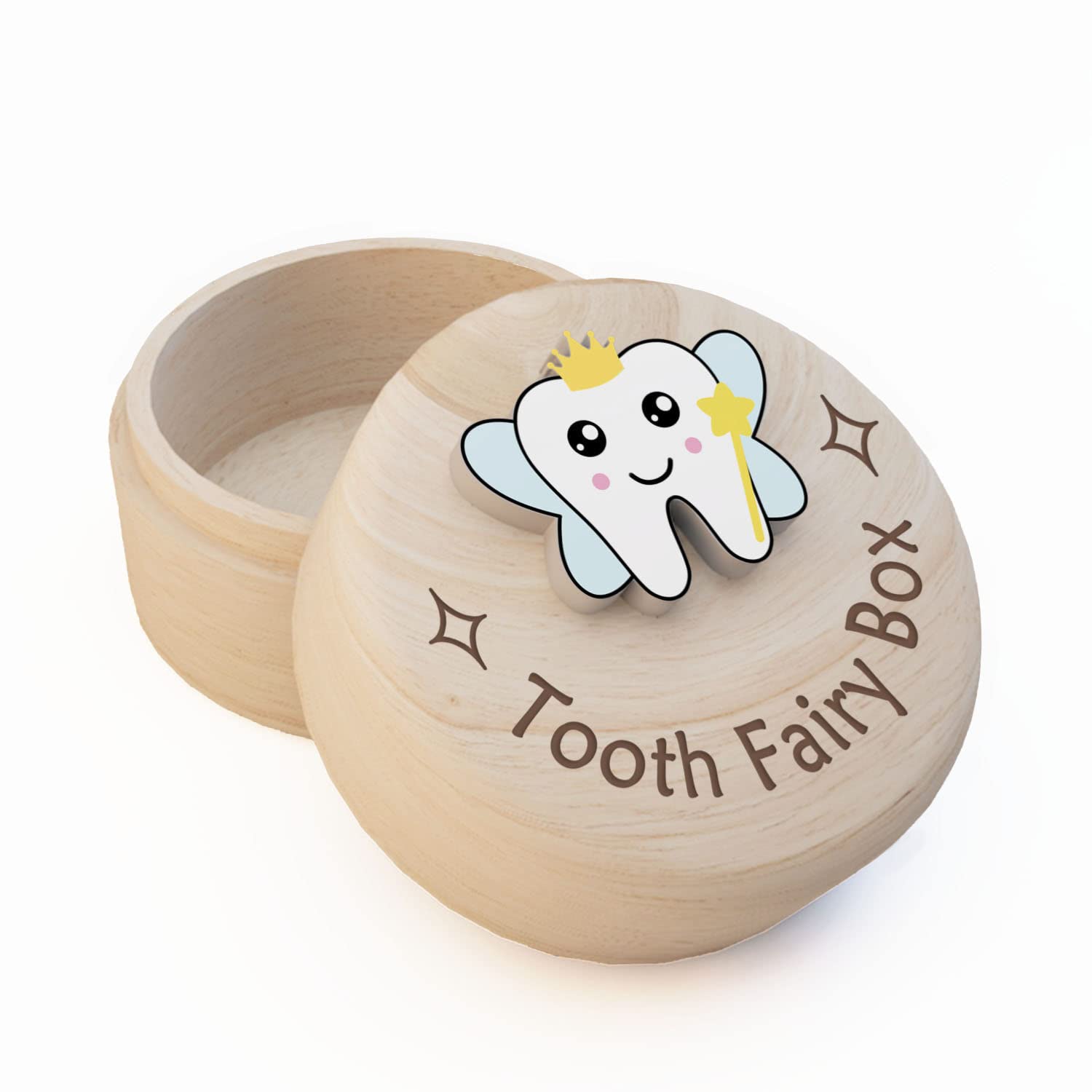 Tooth Fairy Box, Carved Wooden Box with 3D Tooth, Stores Lost Teeth for Kids, Easy to Carry, Suitable Size and Durable, Dropped Tooth Keepsake Storage Box for Boy or Girl(B-Wings-T)