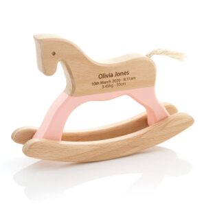 personalized wooden horse gift with babys name engraved - a perfect keepsake toy for toddler, infant and newborn baby, birthday baptism for boy or girl room decor - mom will love - pink