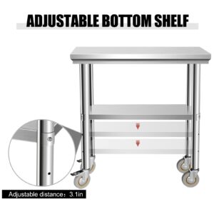 Hasopy Stainless Steel Table for Prep & Work 30 x 12 Inches with Caster Wheels, NSF Commercial Heavy Duty Table with Undershelf and Galvanized Legs for Garage Restaurant Home and Hotel