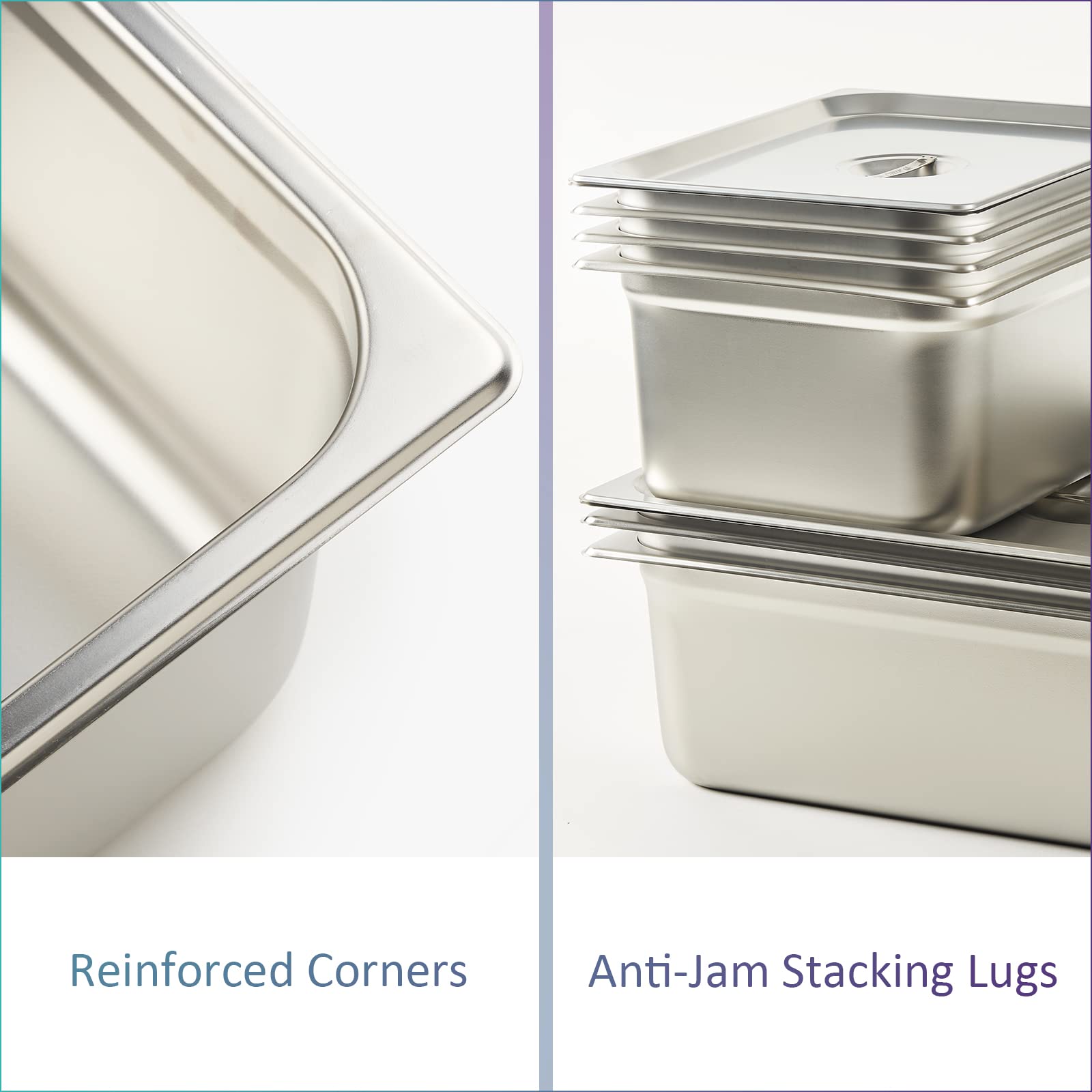 CURTA 6 Pack Anti-Jam Hotel Pans with Lids, 1/4 Size 2 1/2 Inch Deep, NSF Commercial 18/8 Stainless Steel Chafing Steam Table Food Pan with Covers