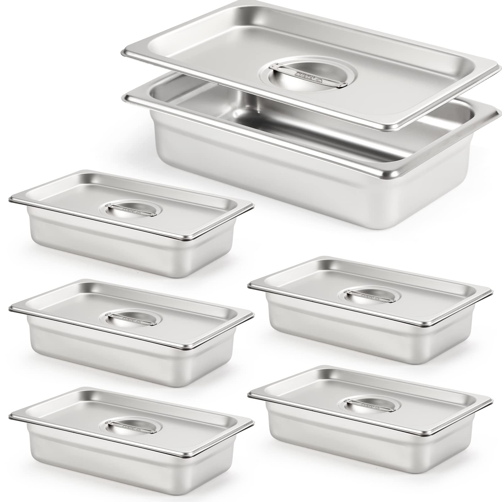 CURTA 6 Pack Anti-Jam Hotel Pans with Lids, 1/4 Size 2 1/2 Inch Deep, NSF Commercial 18/8 Stainless Steel Chafing Steam Table Food Pan with Covers