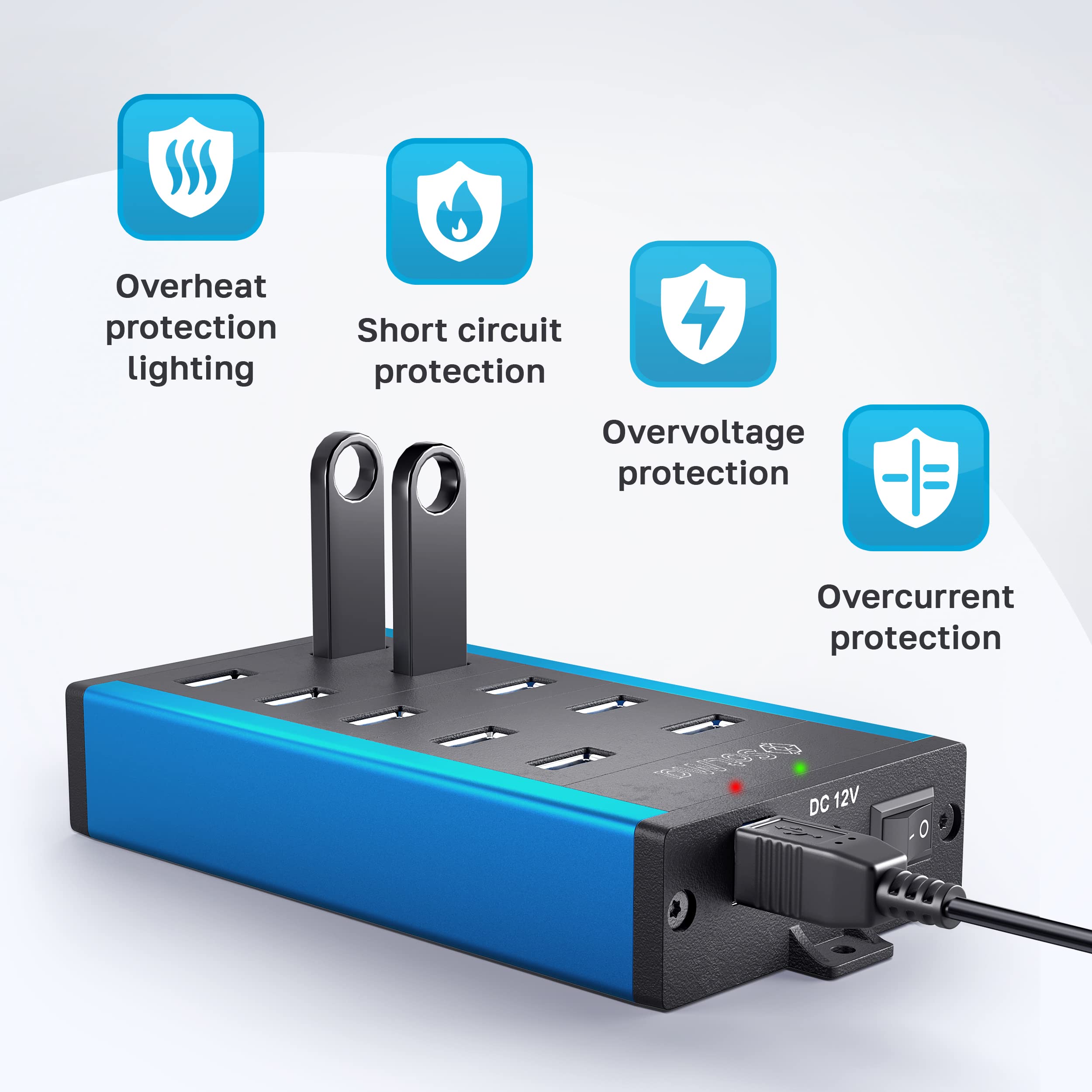 USB 3.0 Powered Hub - Multi-safety 10-Port Hub 3.0 with Adapter - Aluminum USB Splitter with Mounting Brackets - Extra USB Ports for Laptops & PC