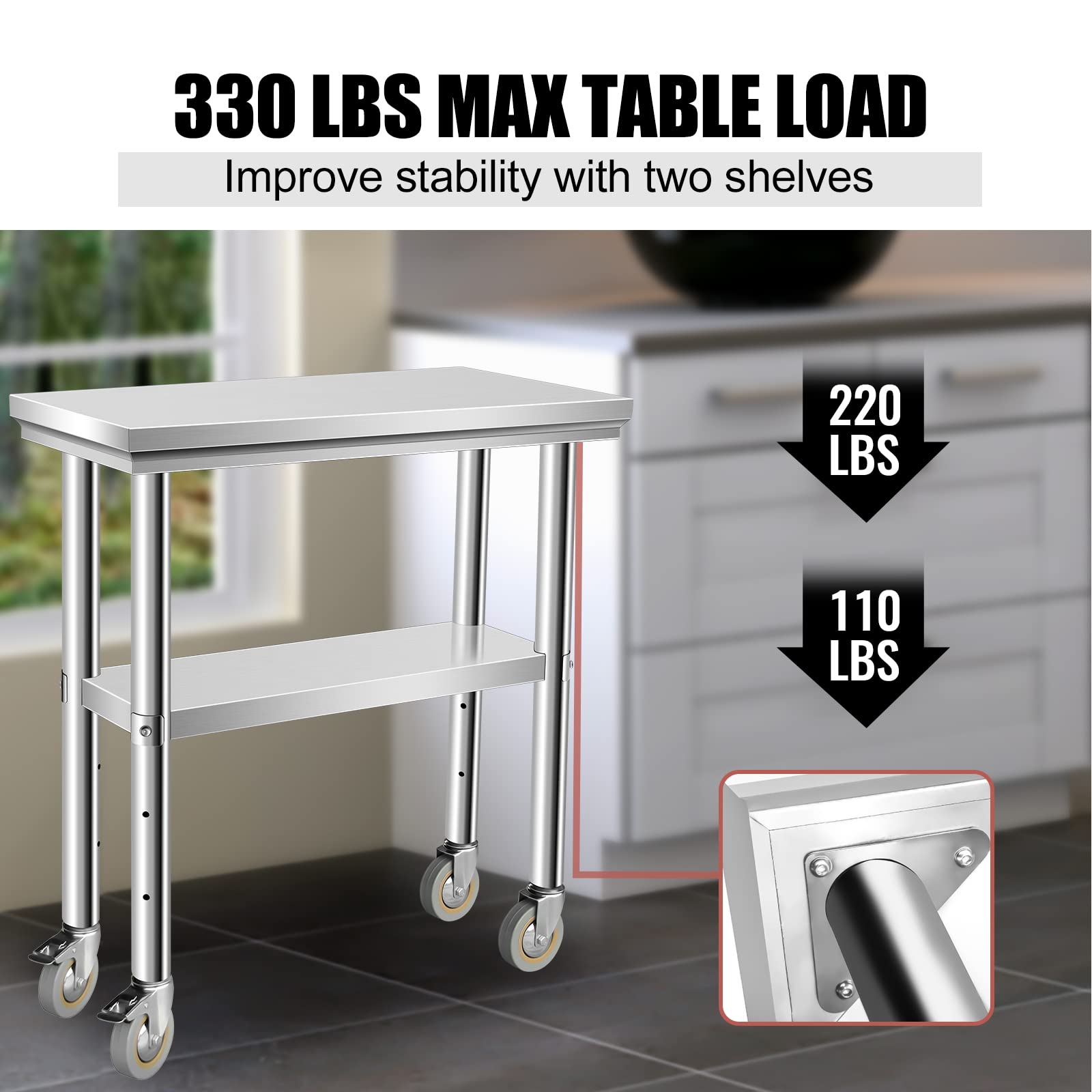 Hasopy Stainless Steel Table for Prep & Work 30 x 12 Inches with Caster Wheels, NSF Commercial Heavy Duty Table with Undershelf and Galvanized Legs for Garage Restaurant Home and Hotel