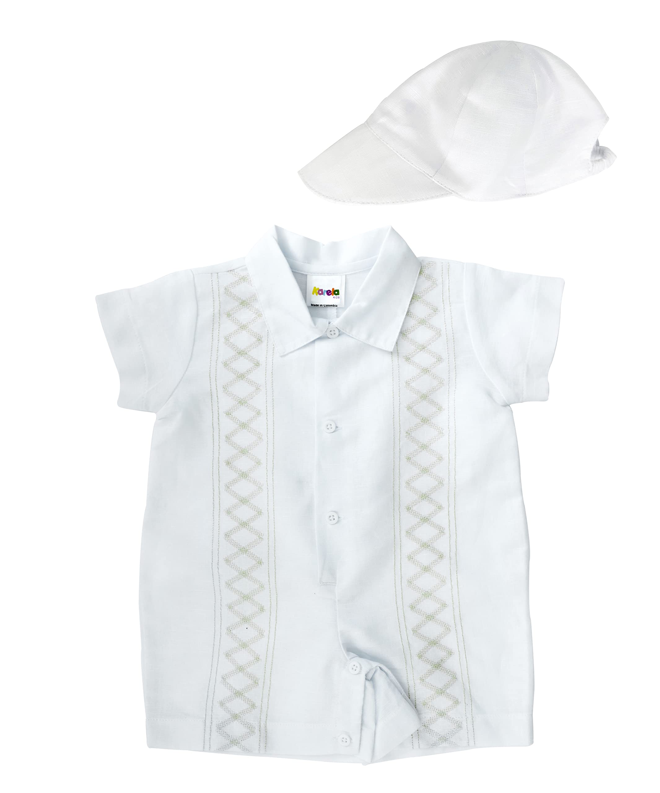 KARELA KIDS Beautiful Linen Guayabera Shirt with Beige Details for Boys Cotton Guayabera Formal Shirt for Christening, Baptism, Birthdays and Other Celebrations – Color White - 12 Months