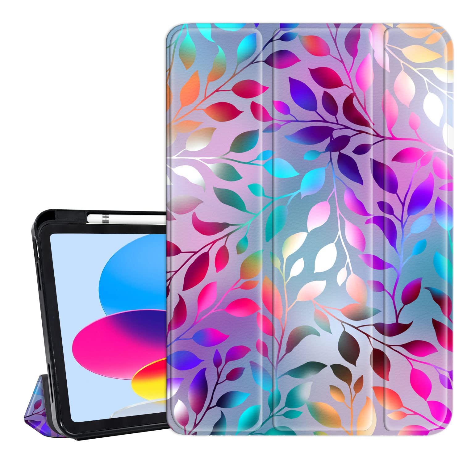 Hi Space for iPad 10th Generation Case 10.9 inch 2022 with Pencil Holder, Colorful Leaf Trifold Protective Shockproof Cover foriPad 10th Gen Auto Sleep Wake for A2757 A2777