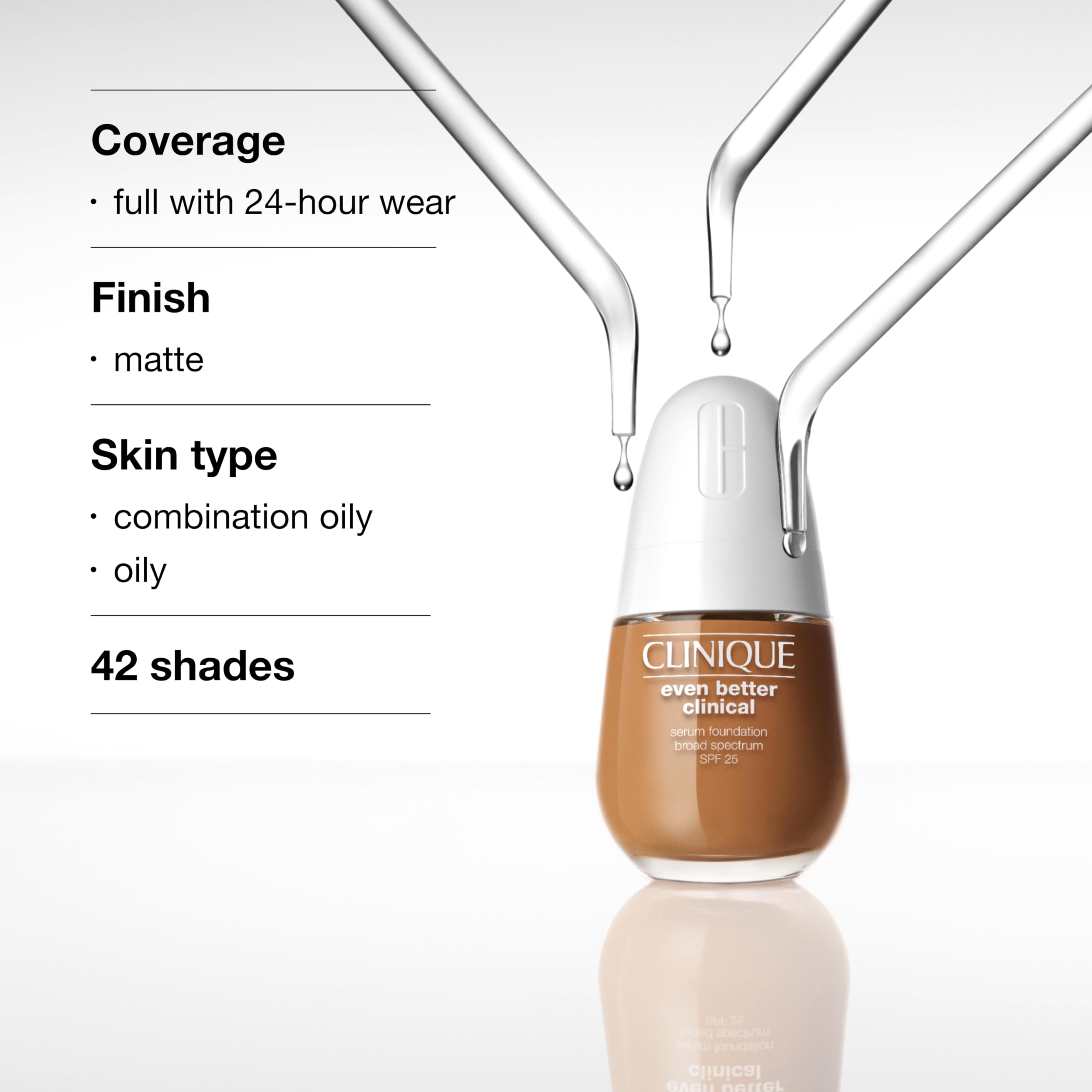 Clinique Even Better Clinical Serum Full Coverage Hydrating Foundation Broad Spectrum SPF 25 With Vitamin C, Salicylic Acid + Hyaluronic Acid For Oily Skin Types, Honey