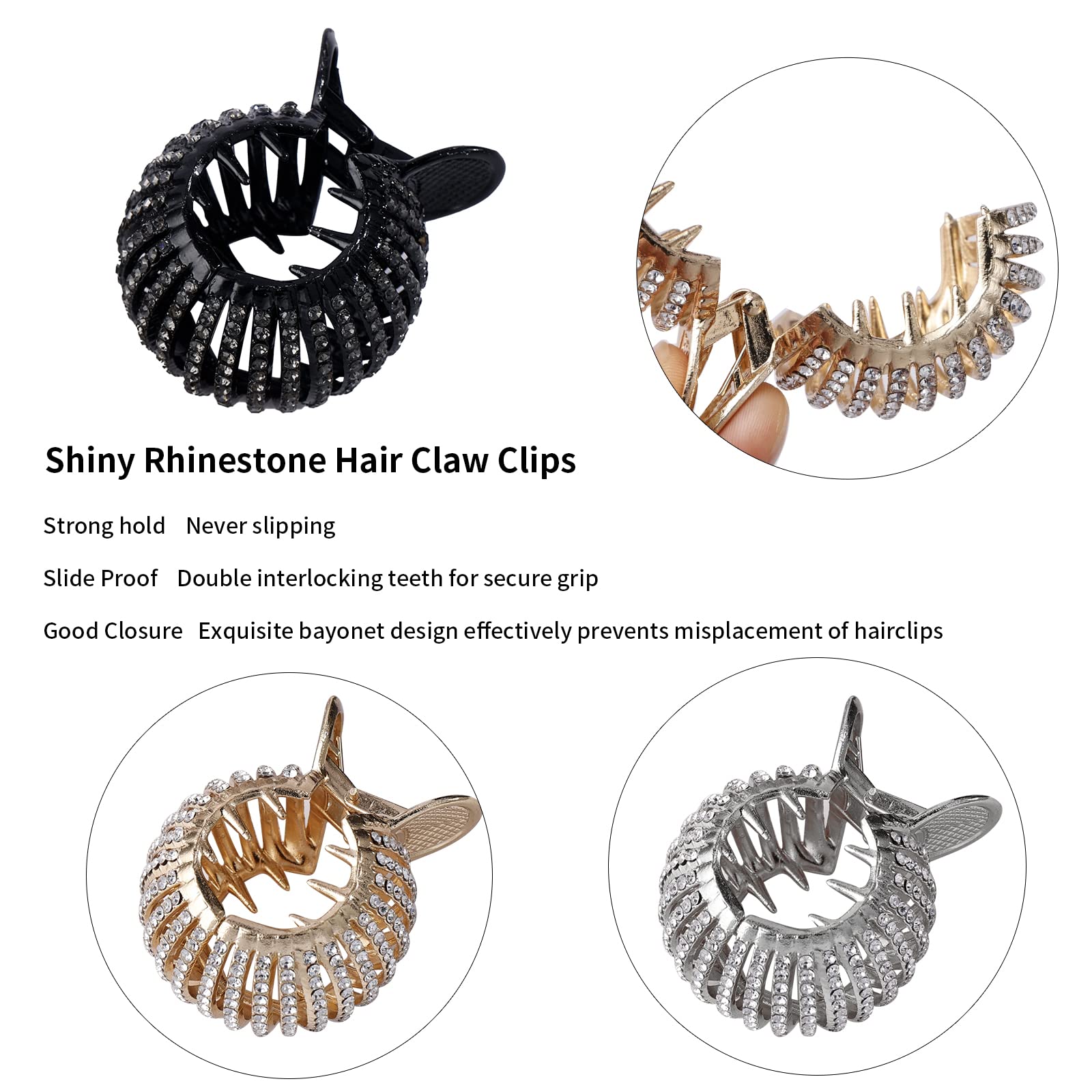 FRDTLUTHW Rhinestone Small Hair Claw Clips for High Ponytail, Shining Shark Hair Clips for Women Thick Long Hair (3 Colors, Pack of 3)