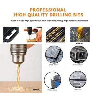 99 Pcs Titanium Coated Drill Bit Set, 135 Degree Tip HSS Drill Bits Kit for Steel, Aluminum, Copper, Soft Alloy Steel, Wood, Plastic Size from 1/16" to 3/8" (Plastic Bag)