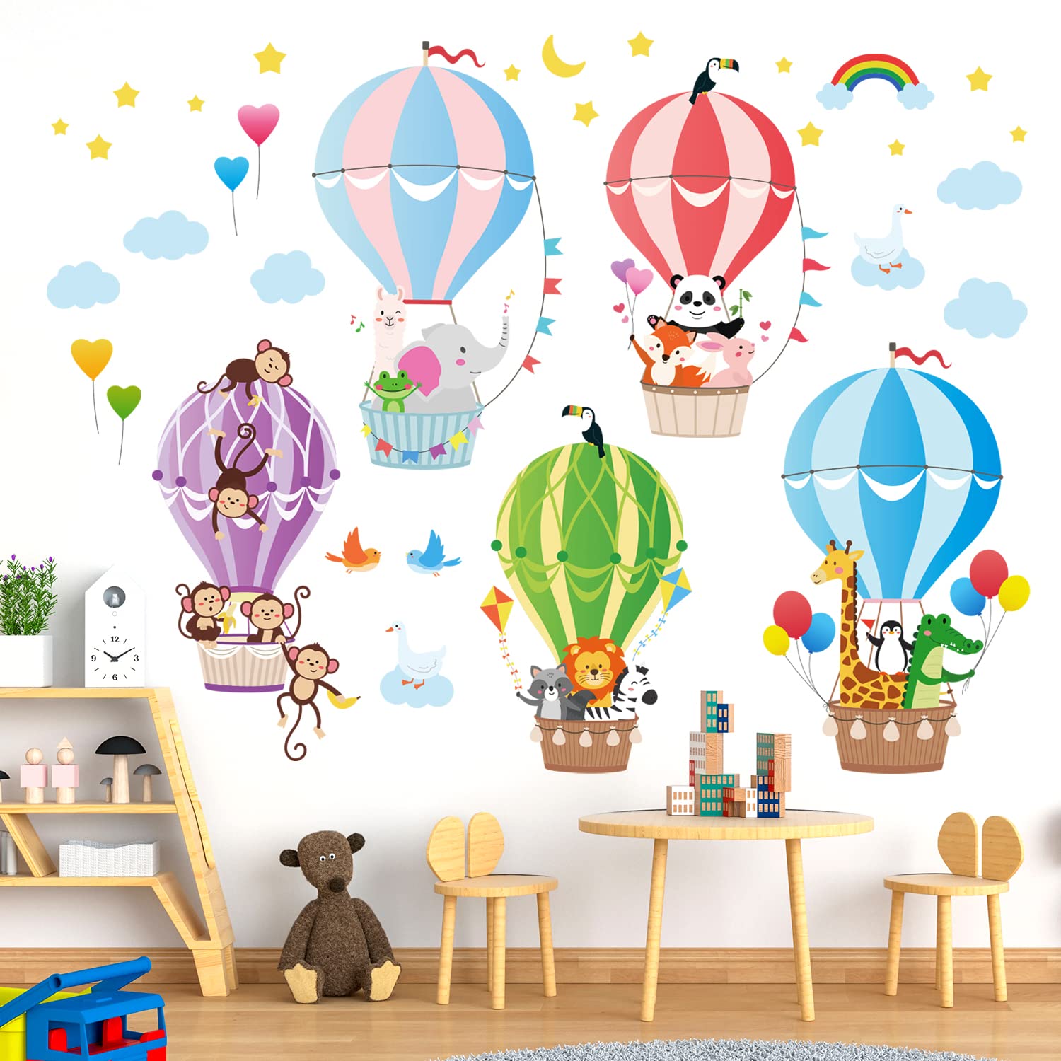 DECOWALL BS-104 Hot Air Balloons Wall Decals Animal Clouds Stickers for Kids Bedroom Nursery Playroom Living Room Removable Art Decor Decoration