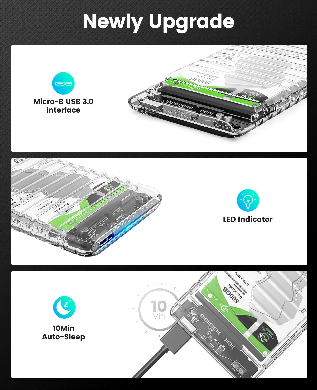 ORICO 2.5 inch External Hard Drive Enclosure USB 3.0 to SATA III Tool-Free Clear Hard Disk Case for 7mm 9.5mm SATA HDD SSD Max 6TB Support UASP (2139U3)