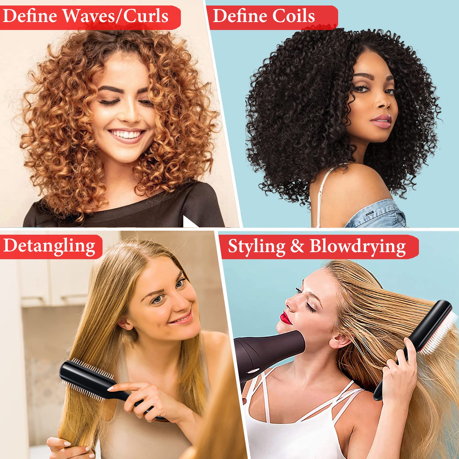 KTKUDY Curly Hair Brush - 9 Row Styling Brush for Detangling & Defining Curls, Heat Resistant, Ideal for Wavy, Curly or Coily Hair - Black