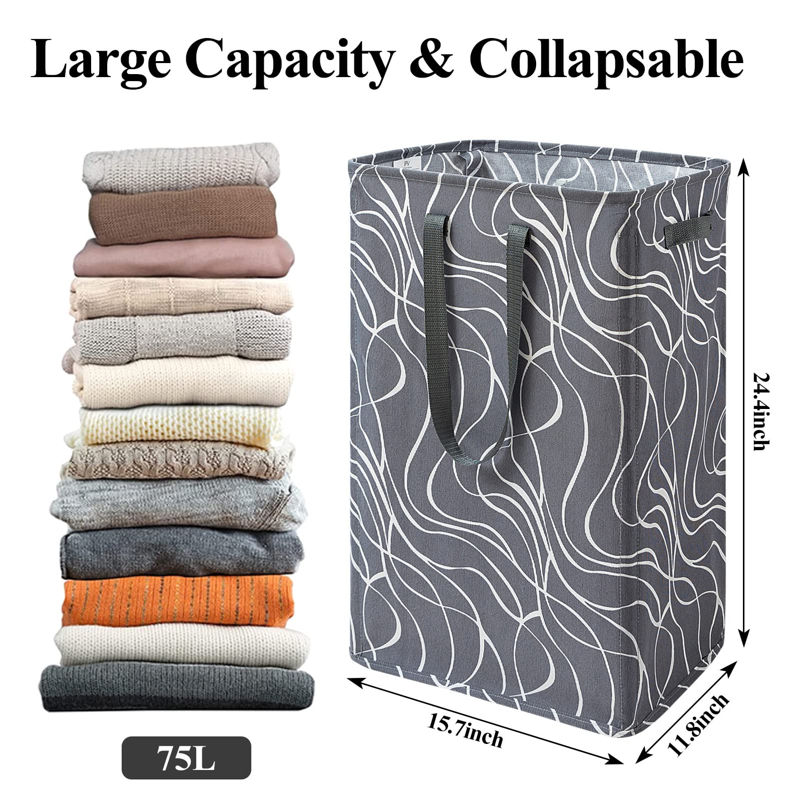 1-Pack Large Laundry Basket, 75L Collapsible Laundry Hamper with Long Handles, Waterproof Freestanding Clothes Hamper Laundry Bin for Bedroom, Bathroom, Dorm, Toys Organizer -Grey Waves