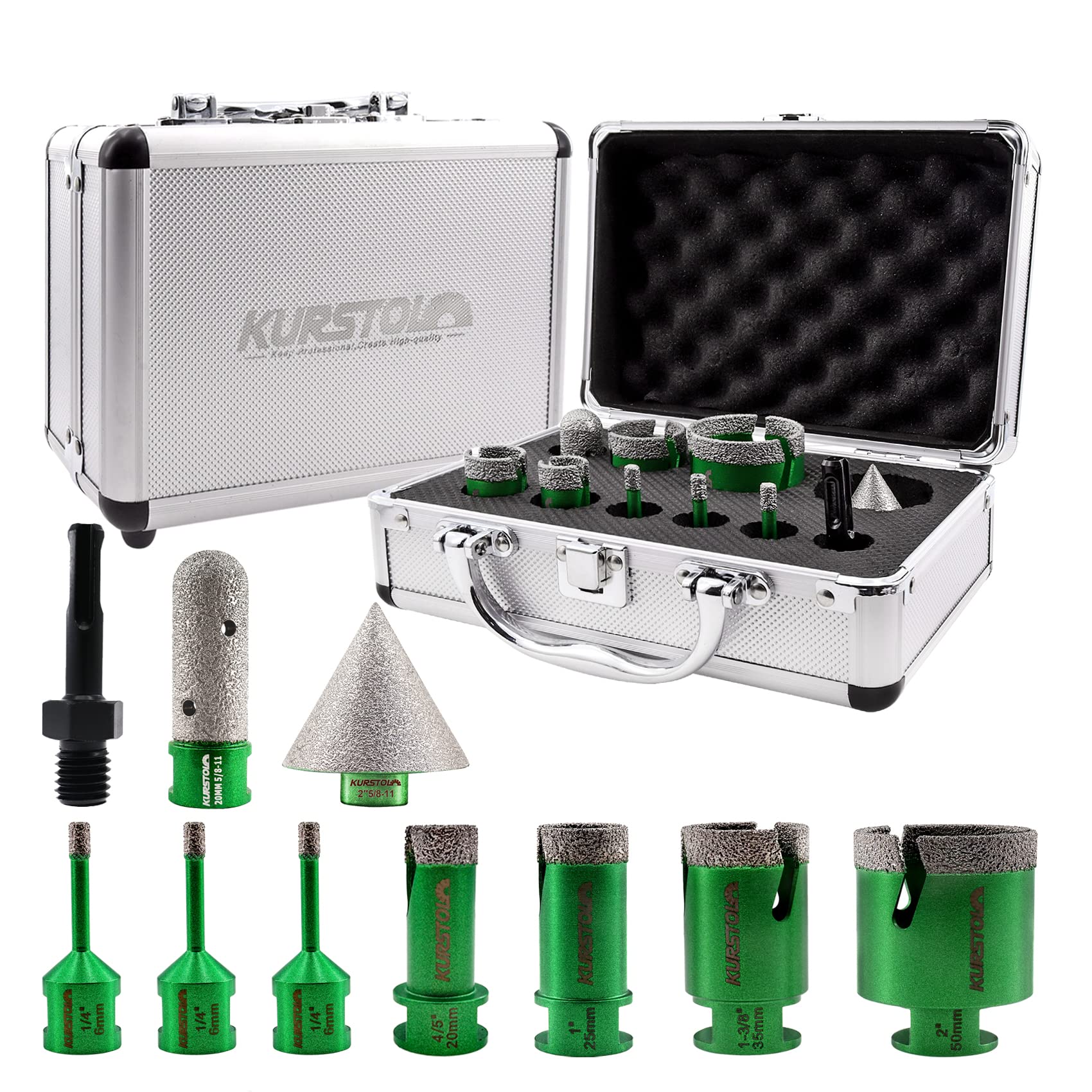 KURSTOL Diamond Core Drill Bits Kit - 7pcs 6/6/6/20/25/35/50mm+1pc 2" Beveling Chamfer Bit+1pc 3/4" Diamond Finger Milling Bit+SDS Adapter to 5/8-11" Thread for Porcelain Ceramic Tile Granite Marble