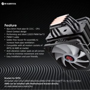 RAIJINTEK ELEOS 12 Duo RBW CPU Air Cooler, Dual 120mm PWM Fans, 4 Copper Direct Contact Heat Pipes, 5V Addressable RGB Lights, for Intel/AMD Ryzen Socket, Compatible with LGA 1700