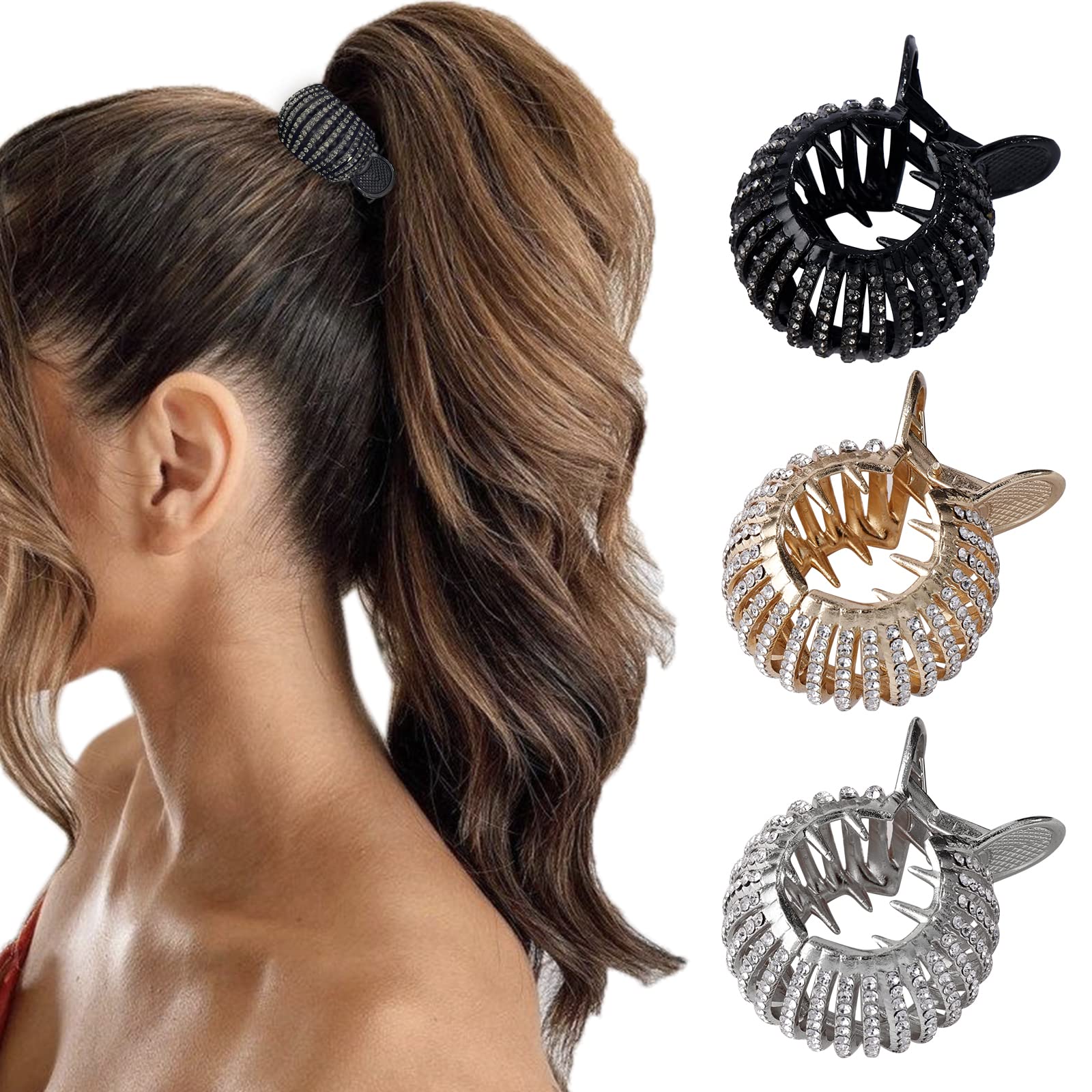 FRDTLUTHW Rhinestone Small Hair Claw Clips for High Ponytail, Shining Shark Hair Clips for Women Thick Long Hair (3 Colors, Pack of 3)