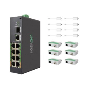 LINOVISION Industrial 8-Port EOC & POE Switch with 6pcs EOC Transmitters, Long Reach PoE Over Coax or UTP Cable, Simplified Wiring, Upgrading Analog System to IP Surveillance System