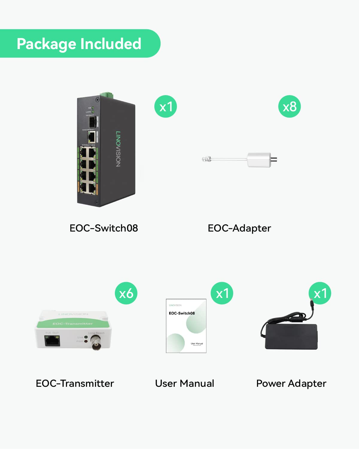 LINOVISION Industrial 8-Port EOC & POE Switch with 6pcs EOC Transmitters, Long Reach PoE Over Coax or UTP Cable, Simplified Wiring, Upgrading Analog System to IP Surveillance System