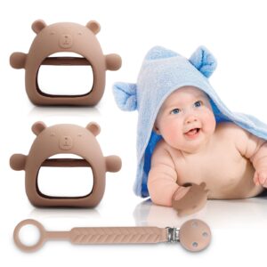 baby teether for 0-6 months 2 pack never drop baby teething toys for 6-12 months+1 pack pacifier clip,silicone baby chew toys for infant sucking needs,baby toys 3-6 month baby mitten teether（brown）