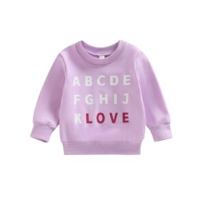 kayotuas toddler valentines day shirt for boys girls cute letter print long sleeve top crewneck sweatshirt fall winter clothes (purple love, 2-3 years)