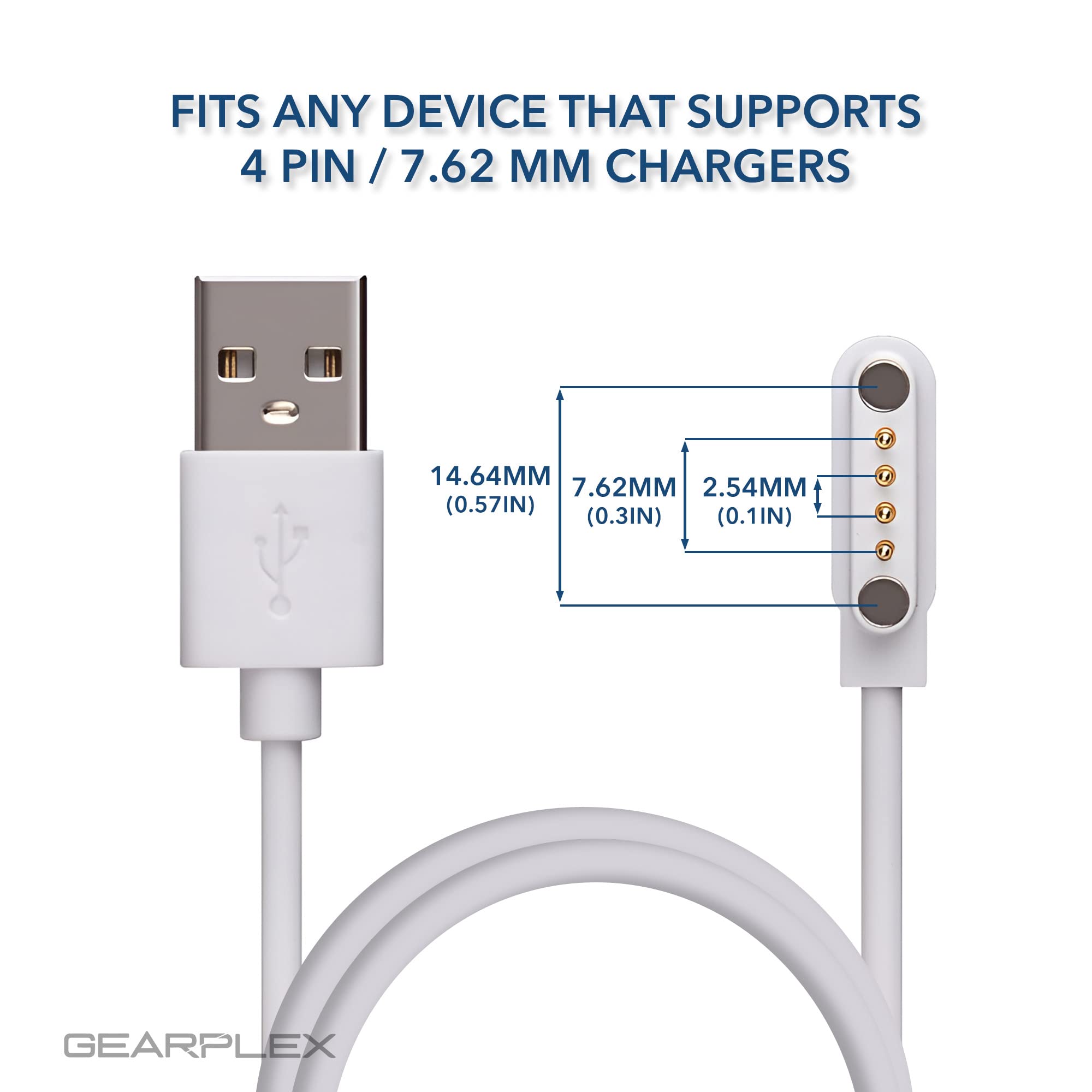 GEARPLEX Magnetic Smart Watch Charging Cable Compatible with Apple, Samsung, and Fitness Watches, Quick Charge USB Type-A, 7.62mm with 4-Pin Connections