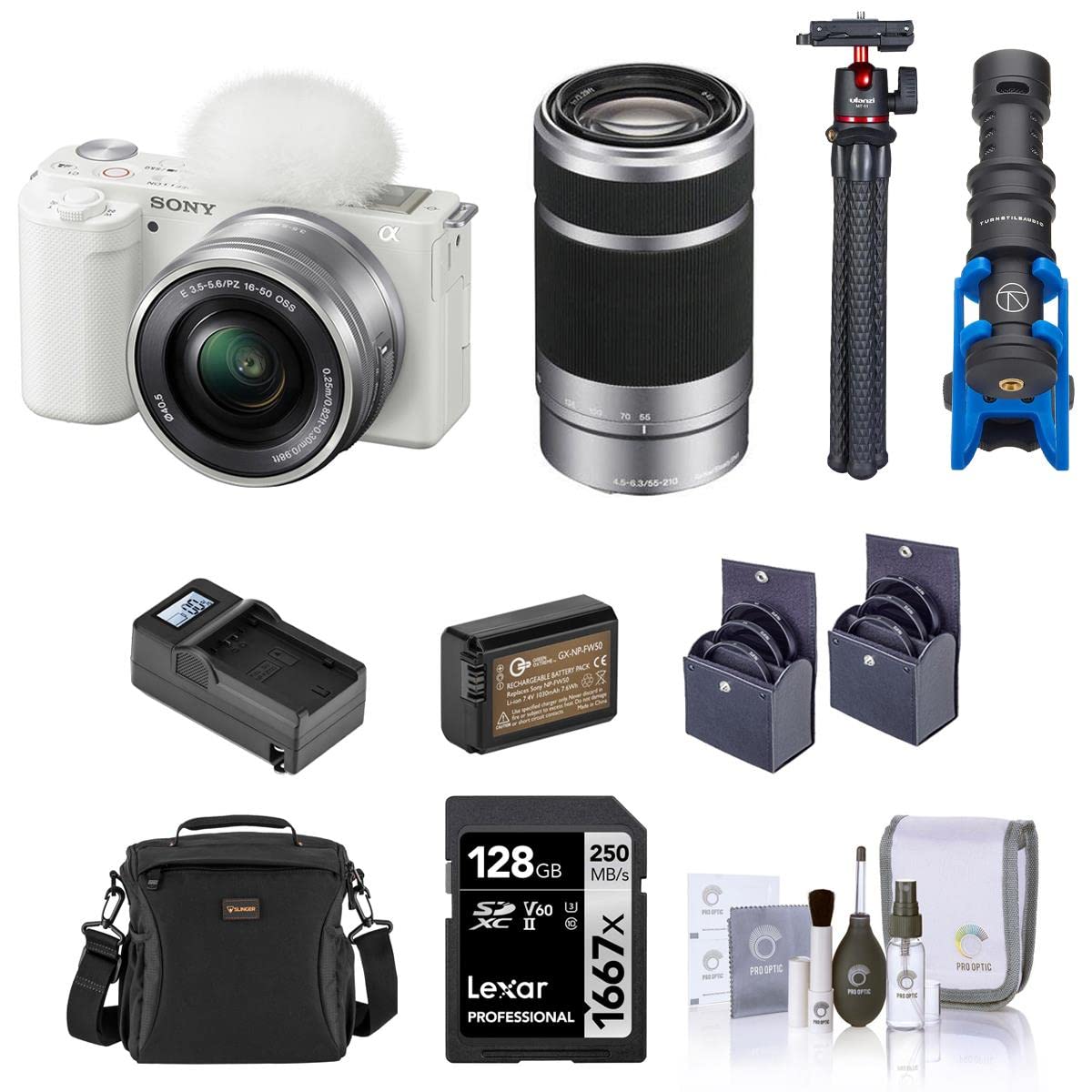 Sony ZV-E10 Mirrorless Vlog Camera with 16-50mm Lens, Black - Bundle with 55-210mm Lens, 128GB SD Card, Shoulder Bag, Mic, Tripod, Extra Battery, Charger, 49mm & 40.5mm Filter Kit, Cleaning Kit