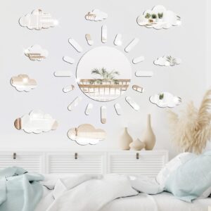 Sun and Cloud Mirror Stickers Decals 3D Acrylic Mirror Wall Stickers Self Adhesive Decorative Silver Removable Peel and Stick for Kids Baby Bedroom Bathroom Playroom Nursery Ceiling Wall Decor