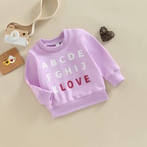 Kayotuas Toddler Valentines Day Shirt for Boys Girls Cute Letter Print Long Sleeve Top Crewneck Sweatshirt Fall Winter Clothes (Purple LOVE, 2-3 Years)