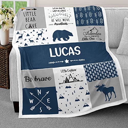 SANDJEST Personalized Baby Blanket Woodland Theme Animal Custom Name Baby Boy Fleece Throw Blanket Customized Gift for Baby New Mom Newborn Shower