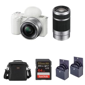 sony zv-e10 mirrorless vlog camera with 16-50mm lens, black - bundle with e 55-210mm f/4.5-6.3 oss lens, 64gb sd card, shoulder bag, 49mm filter kit, 40.5mm filter kit