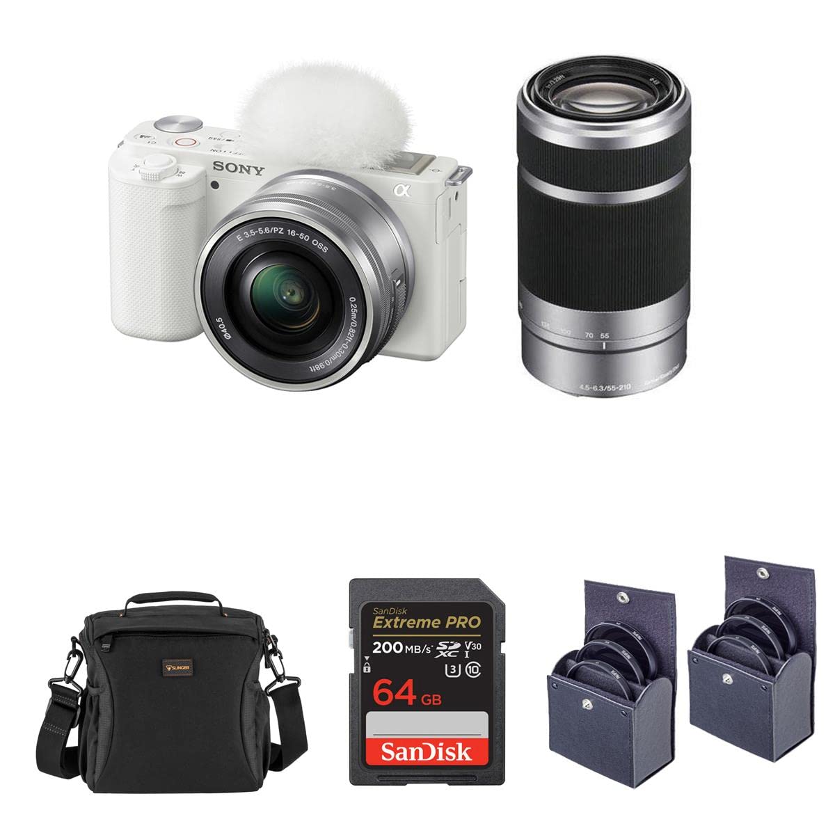 Sony ZV-E10 Mirrorless Vlog Camera with 16-50mm Lens, Black - Bundle with E 55-210mm f/4.5-6.3 OSS Lens, 64GB SD Card, Shoulder Bag, 49mm Filter Kit, 40.5mm Filter Kit