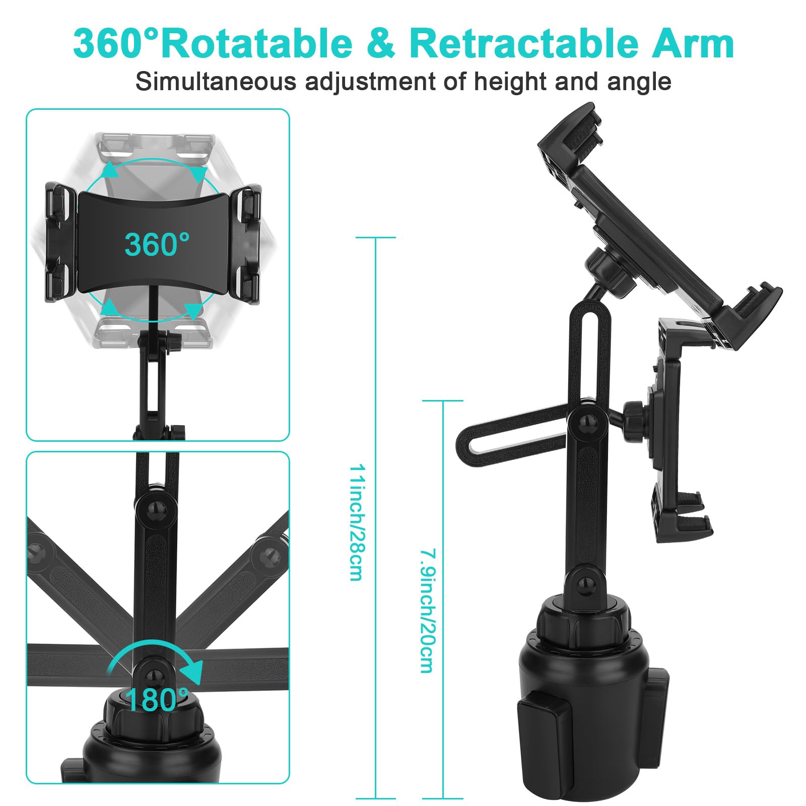 Cup Holder Car Tablet Mount, Universal 360° Rotation Adjustable Long Arm Holder Stand for iPad Pro 12.9/11/10.5/9.7/Air/Mini 6/5/4, Samsung Galaxy Tab/Z Fold 6/5, Amazon Fire HD, 4.7-12.9" Tab & Phone