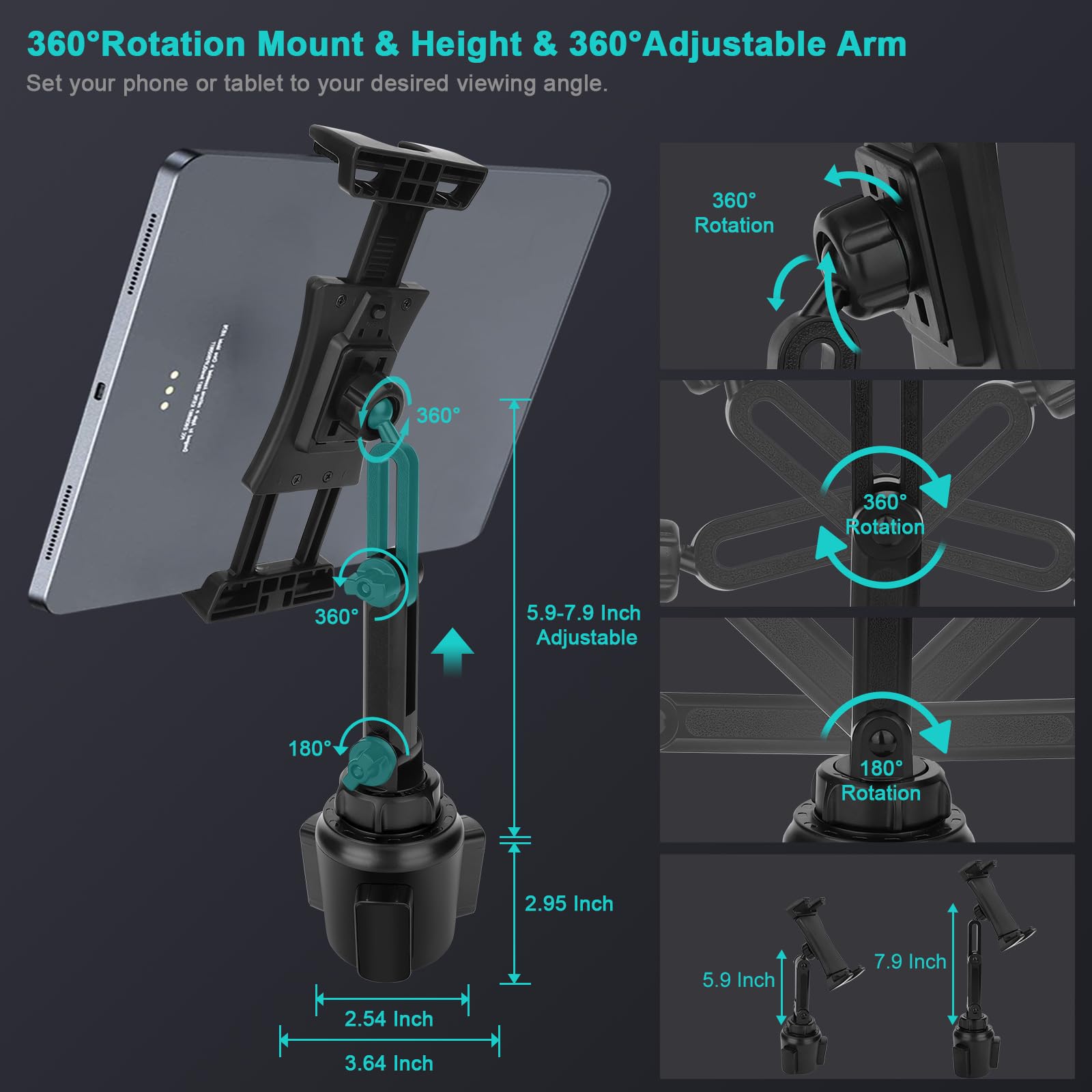 Cup Holder Car Tablet Mount, Universal 360° Rotation Adjustable Long Arm Holder Stand for iPad Pro 12.9/11/10.5/9.7/Air/Mini 6/5/4, Samsung Galaxy Tab/Z Fold 6/5, Amazon Fire HD, 4.7-12.9" Tab & Phone